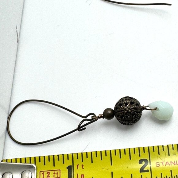 Handcrafted Bronze Filigree Opaque Aqua Teardrop Earrings Long Ear Wires - Picture 4 of 8